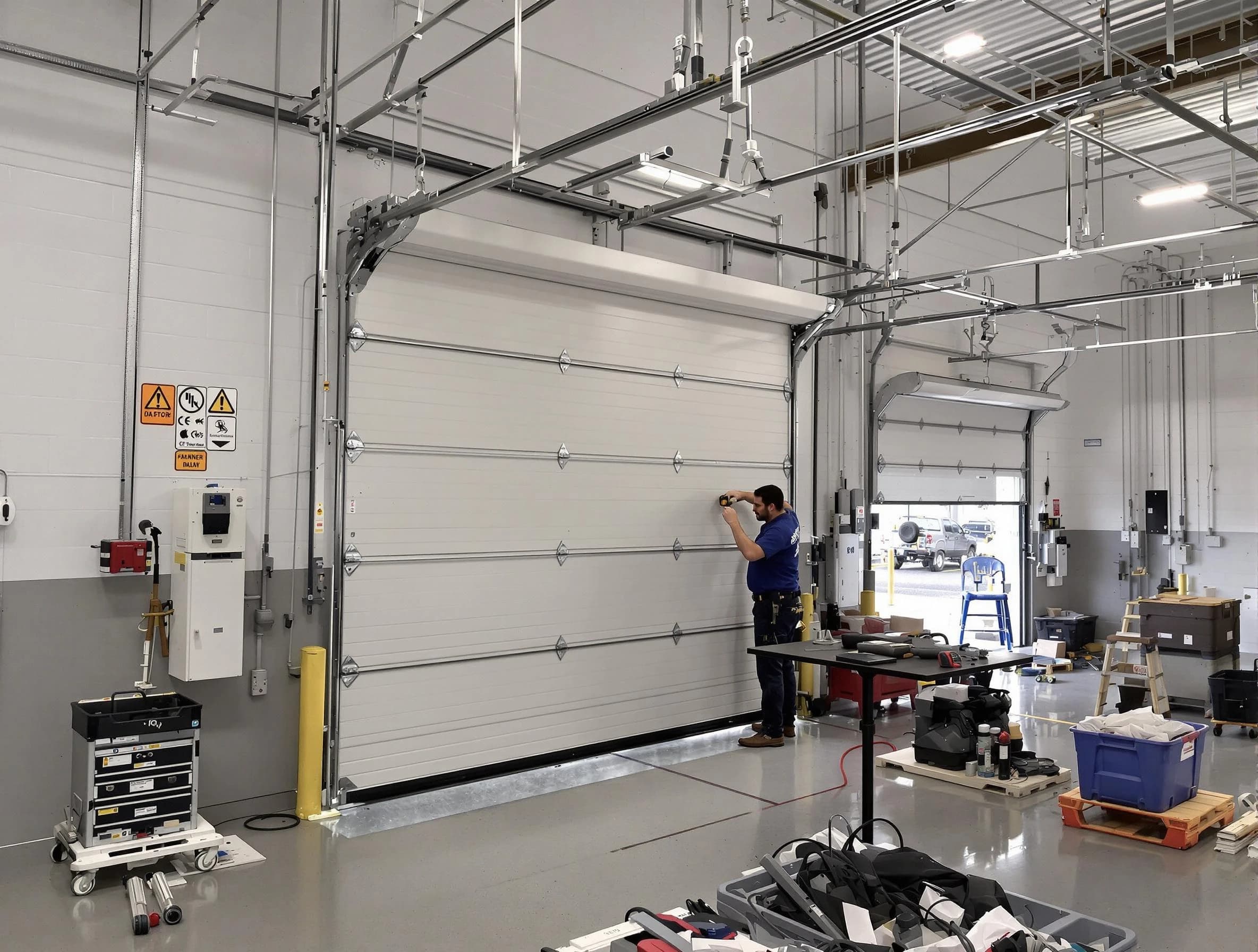 Commercial garage door repair being performed by McCalla Garage Door Repair expert in McCalla