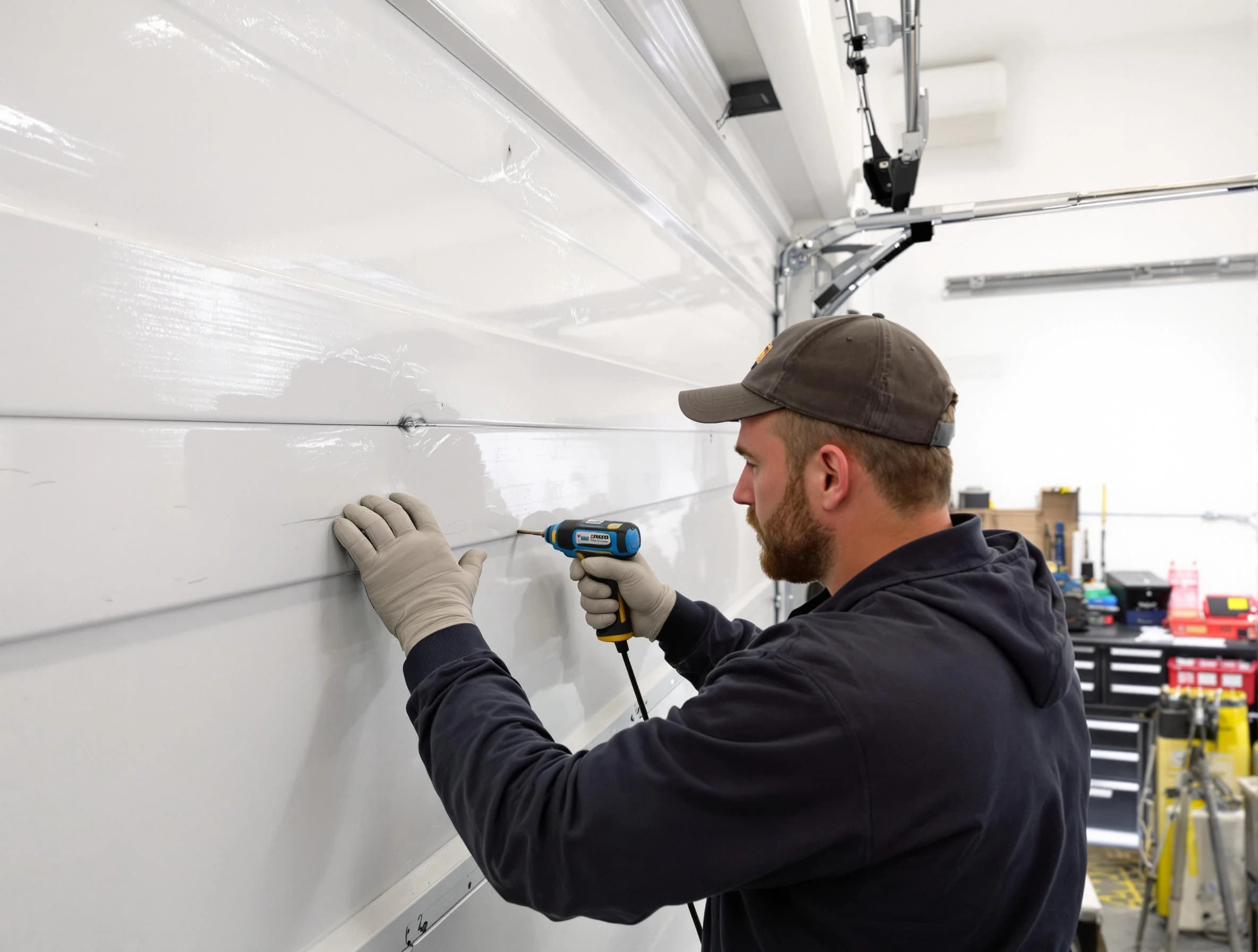 McCalla Garage Door Repair technician demonstrating precision dent removal techniques on a McCalla garage door