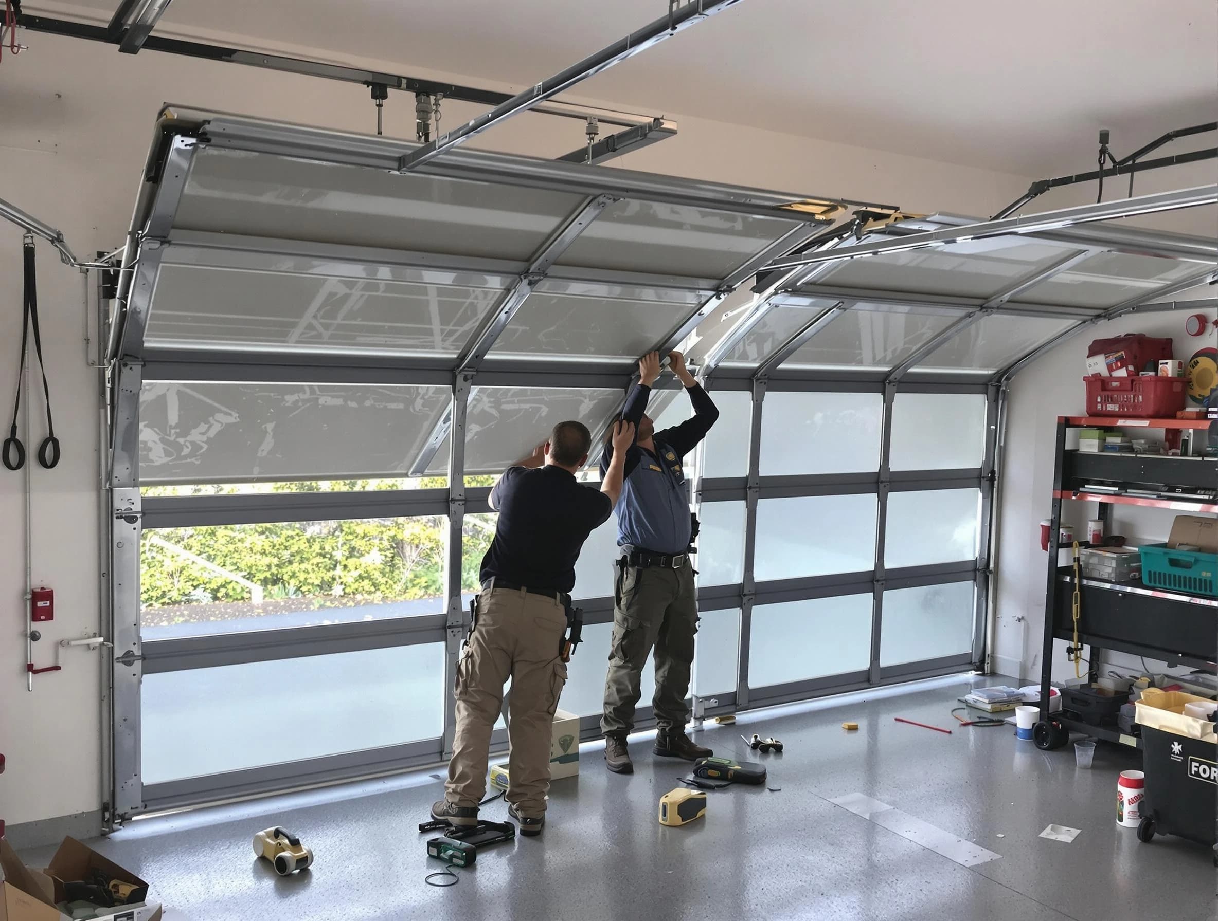 McCalla Garage Door Repair expert performing precise panel replacement on McCalla garage door
