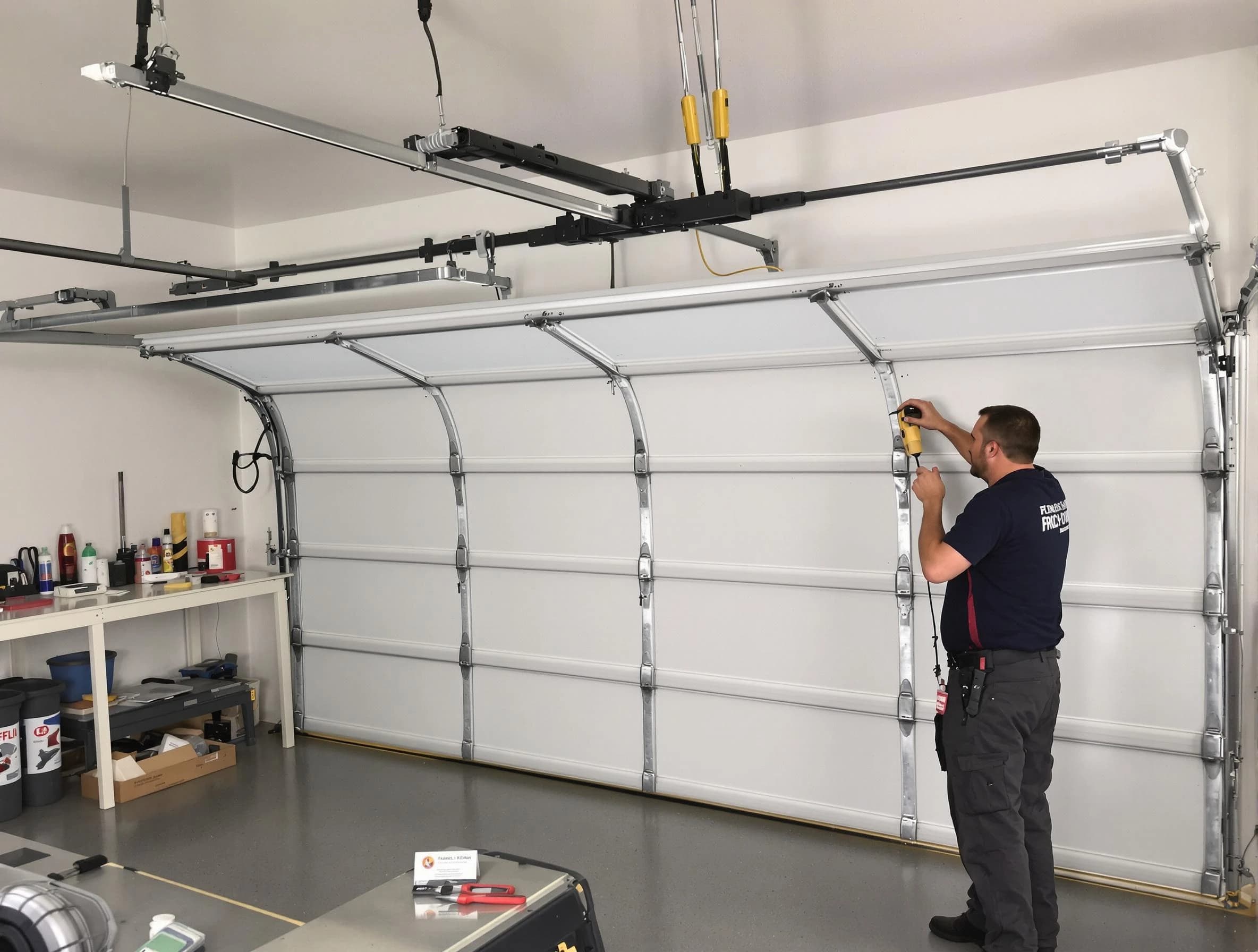 McCalla Garage Door Repair certified technician performing overhead door system repair in McCalla